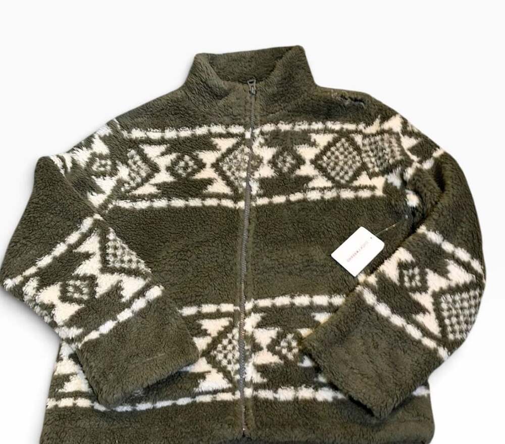 NWT Lucky Brand Fleece/Faux Fur Zip Jacket Size XS Green Geometric Print